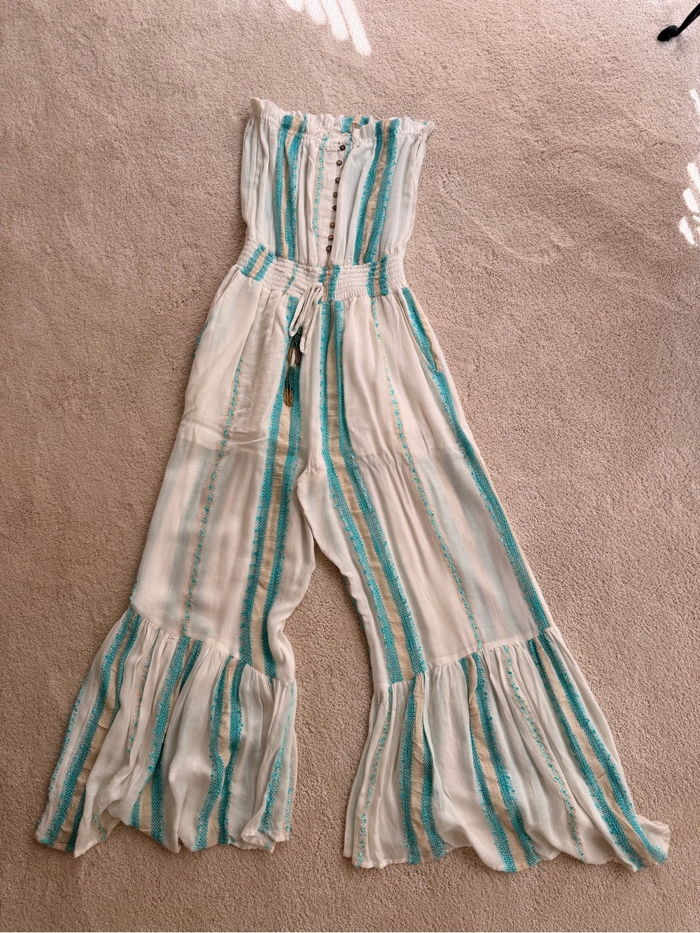 Surf Gypsy White & Teal Strapless Wide-Leg Jumpsuit